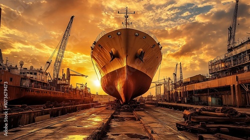 A large cargo ship in drydock with a sunset in the background.
