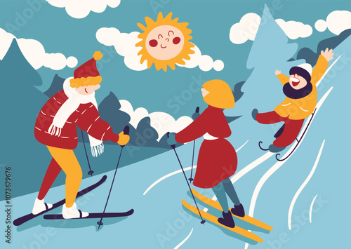 Family on active winter holiday. Young couple, man and woman with child skiing in hilly terrain. Child sledding downhill. Wintertime nature scene, winter plays. Vector illustration.