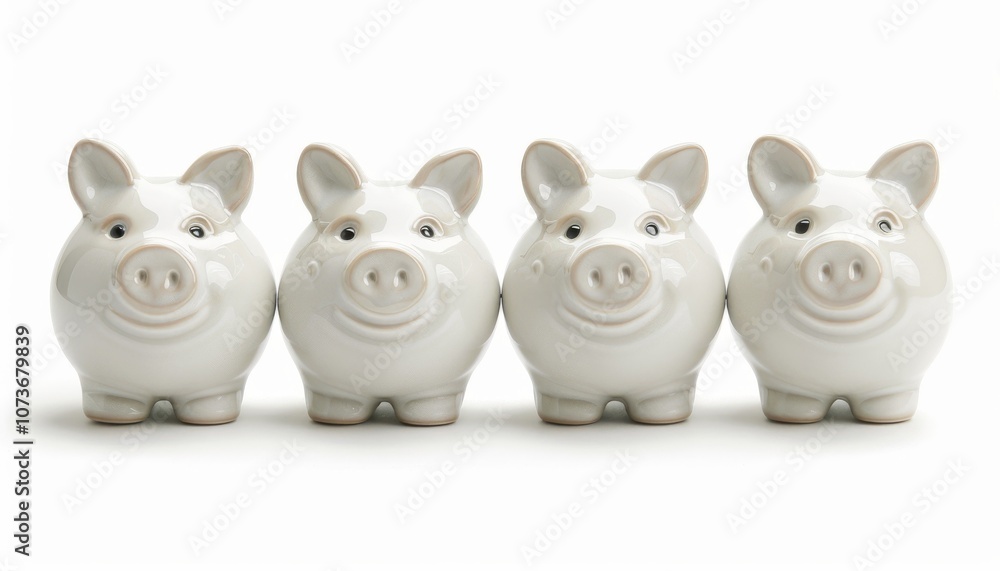 Four ceramic piggy banks lined up, featuring a simple white design, representing savings and financial themes. Four ceramic piggy banks lined up, featuring a simple white design, representing savings and financial themes.