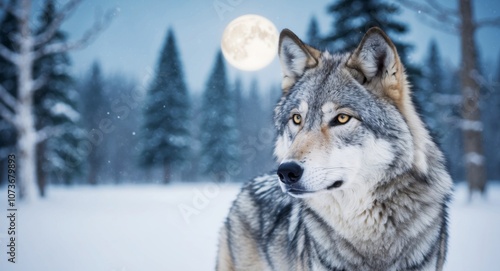 A wolf gazes intently in a snowy nighttime forest.