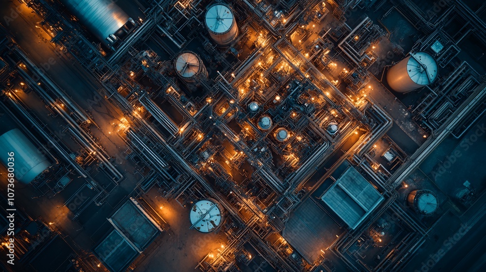 Fototapeta premium A close up of a large industrial plant with many tanks and pipes
