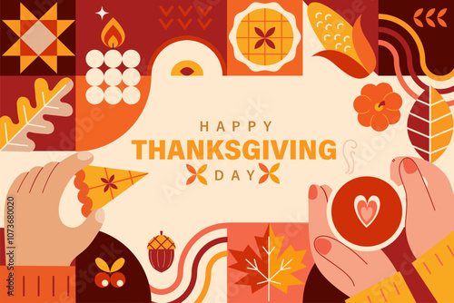 Happy Thanksgiving Day banner with geometric symbols of holiday-pumpkin,pie and hands with pumpkin pie and hot tea. Autumnal festive. Template for promotion,web,cards,flyers, posters,ad. Vector