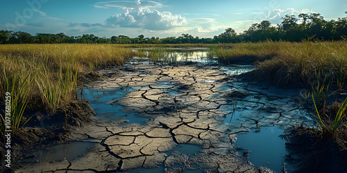 Severely dry wetland swamp and pond leading to cracked soil crust due to drought depicting the impacts of climate change and environmental disaster on the earth s surface posing a threat to photo