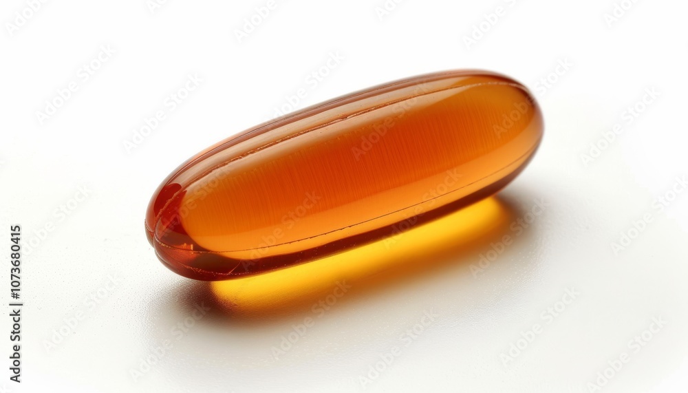 A glossy, amber-colored gel capsule sits on a reflective surface, hinting at its nutritional or medicinal properties. A glossy, amber-colored gel capsule sits on a reflective surface, hinting at its nutritional or medicinal properties.