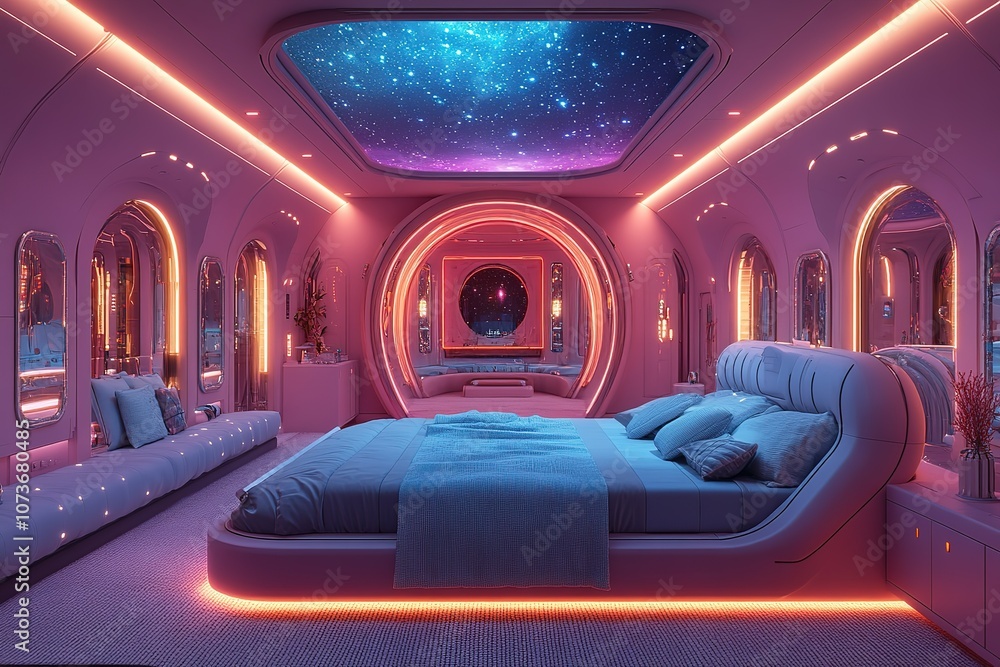 Futuristic bedroom with a starry night sky ceiling and neon lights.