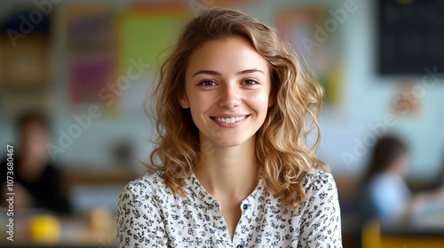 A woman with long blonde hair is smiling at the camera. She is wearing a white shirt with a floral pattern