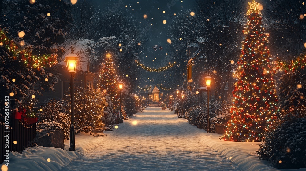 A snowy street with Christmas lights A snowy street with Christmas lights