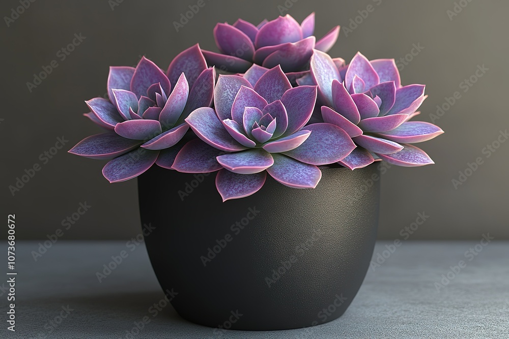 Fototapeta premium Close-up of purple succulent plants in a black pot against a gray background.