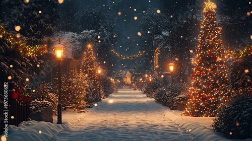 A snowy street with Christmas lights