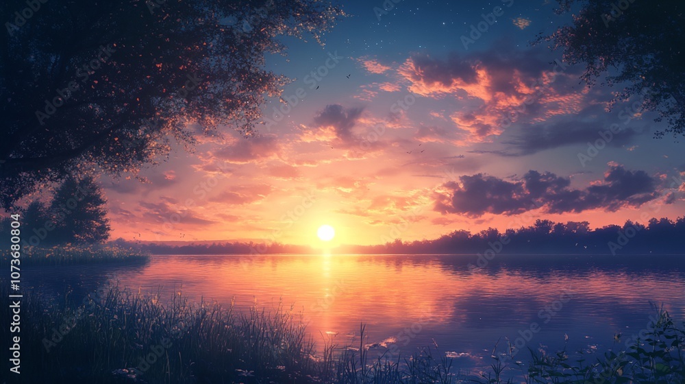 Fototapeta premium A beautiful sunset over a lake with trees in the background