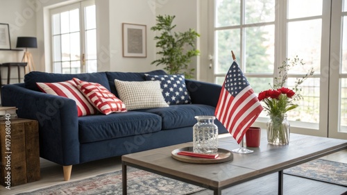 A blue couch with red, white and blue pillows and a red, white