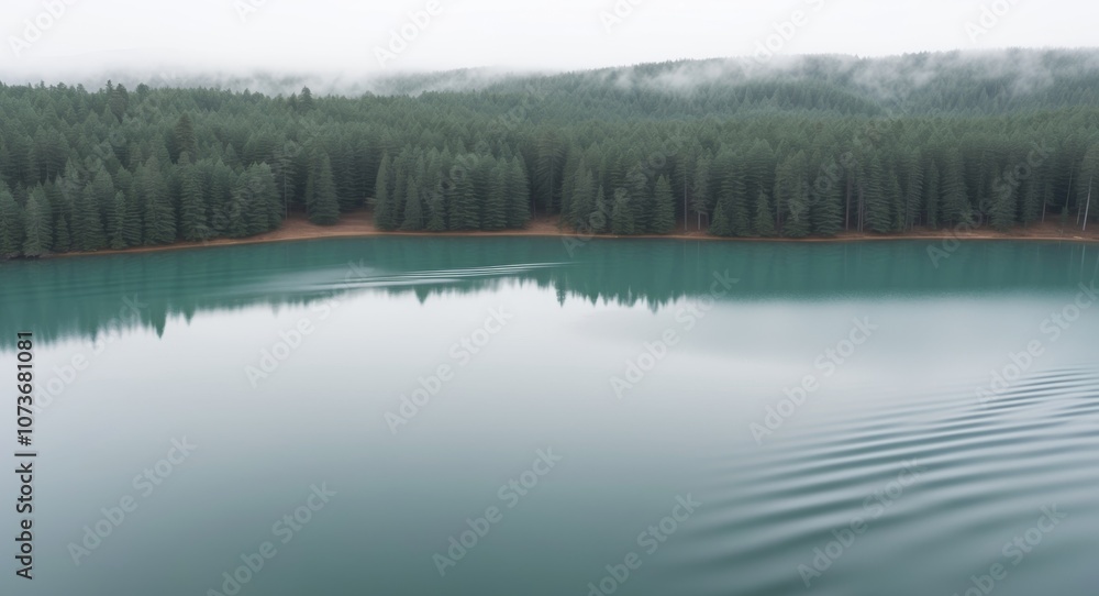 Aerial of calm lake surrounded by pine forests. Aerial of calm lake surrounded by pine forests.