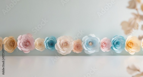 Pastel Paper Flowers Border on Light Blue Background.