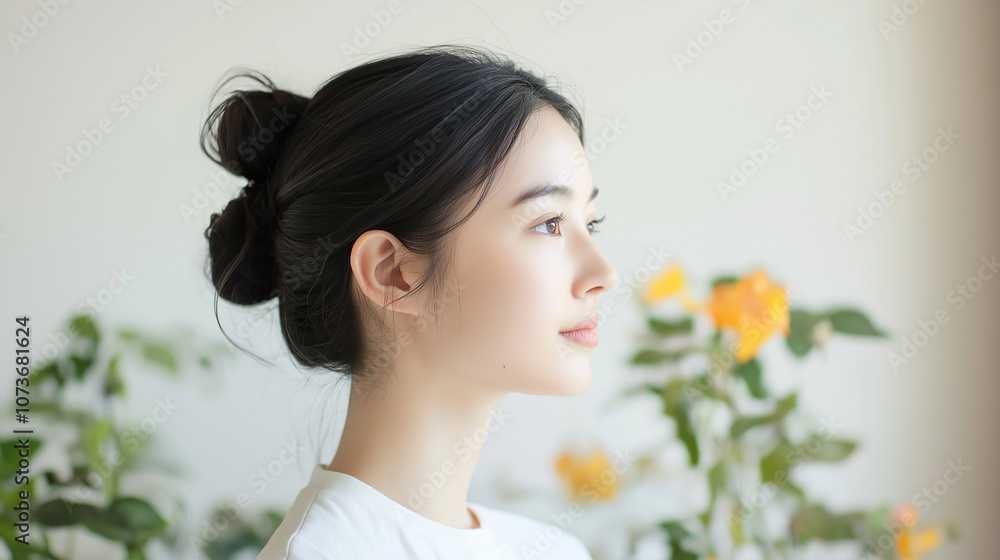 A serene profile of a young woman with a natural hairstyle surrounded by plants. A serene profile of a young woman with a natural hairstyle surrounded by plants.
