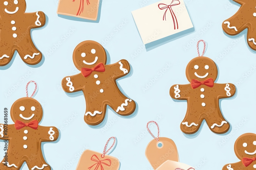 Charming pattern featuring smiling gingerbread cookies with red bow ties, festive gift tags, and wrapped presents on a light blue background Charming pattern featuring smiling gingerbread cookies with red bow ties, festive gift tags, and wrapped presents on a light blue background