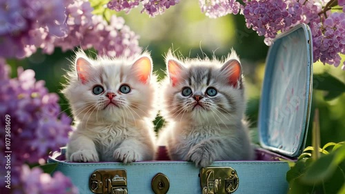 Two adorable kittens peek out of a suitcase, surrounded by blooming lilac flowers in a sunny garden