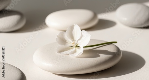 A Single White Flower Resting on a White Stone in a Circle of Stones.