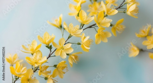 Top view image of spring yellow mimosa flowers composition over pastel blue background. photo