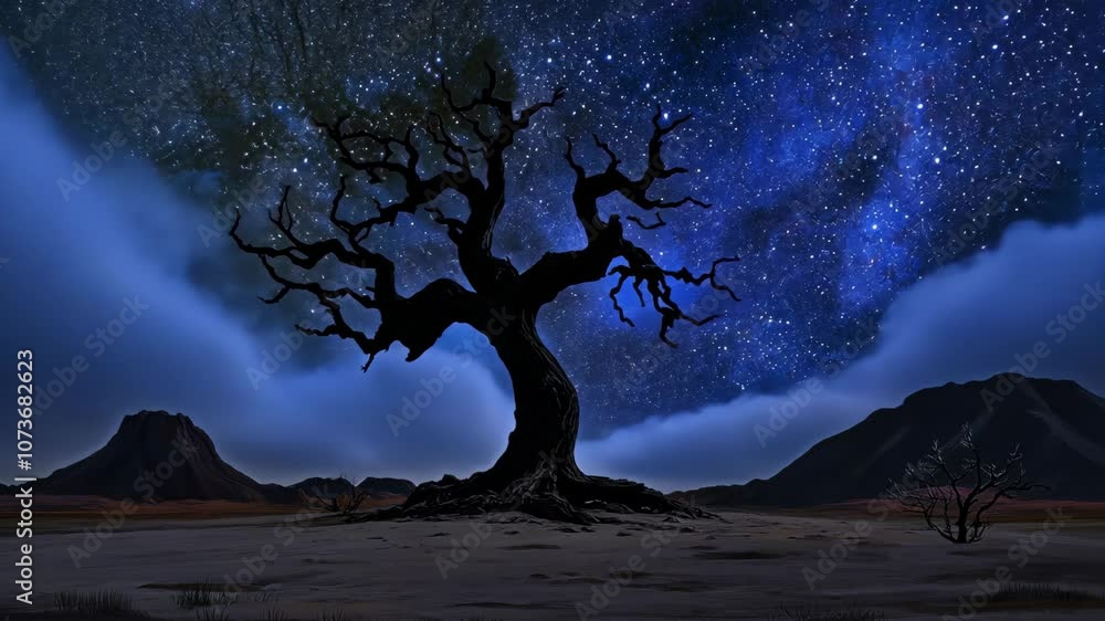 A lone tree stands tall against the backdrop of a starry night sky, with mountains in the distance A lone tree stands tall against the backdrop of a starry night sky, with mountains in the distance