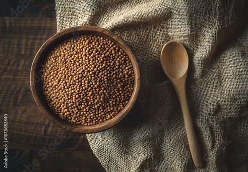 Brown Lentils in Wooden Bowl on Burlap photo