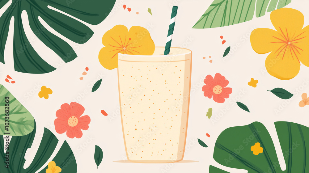 Fototapeta premium refreshing banana smoothie with straw, surrounded by tropical leaves and flowers