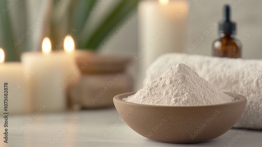 serene spa setting with bowl of collagen powder, candles, and essential oils, promoting relaxation serene spa setting with bowl of collagen powder, candles, and essential oils, promoting relaxation