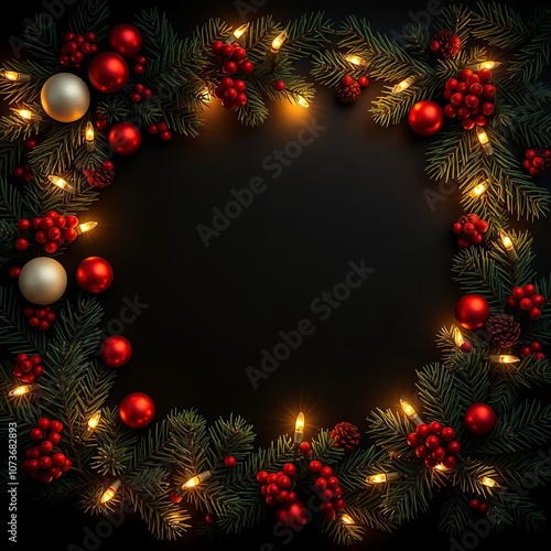 Top view of a christmas frame made of pine twigs christmas balls berries and christmas lights with copy space on black background frame christmas isolated