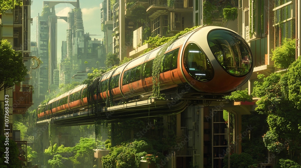 Fototapeta premium Futuristic train traveling over lush greenery in a futuristic city.