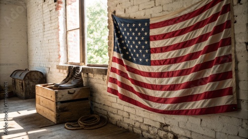 A flag is hanging on a wall next to a pair of boots