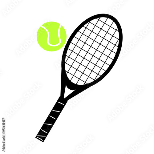 Vector black tennis racket and green ball isolated on white background photo