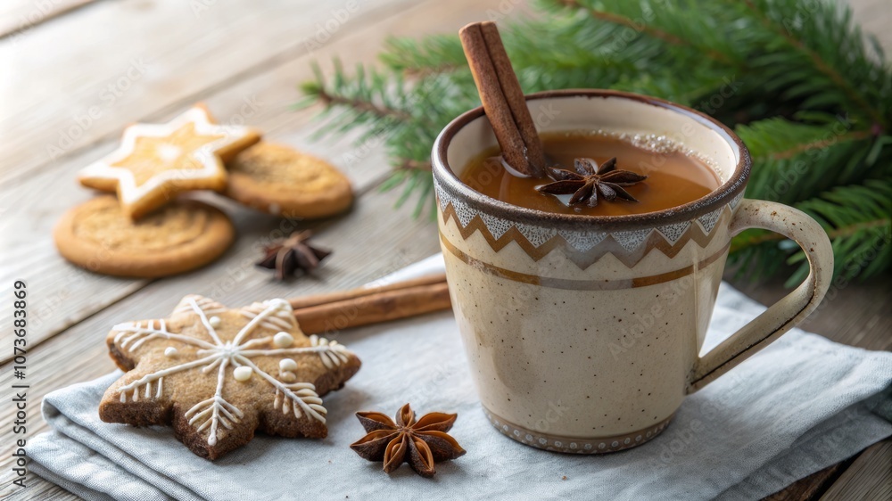 A mug of coffee with cinnamon and a plate of cookies A mug of coffee with cinnamon and a plate of cookies