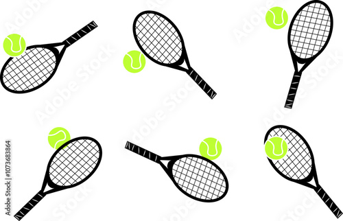 tennis racket set with balls at various angles