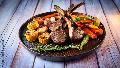  Lamb chops grilled with rosemary and garlic are served alongside a variety of colorful _1(560) photo