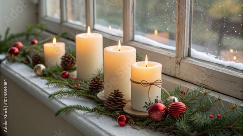 A window sill with candles and pine cones