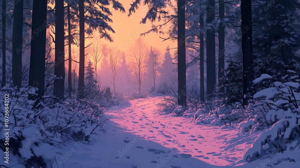 A snowy path winds through a forest at sunset, with the sunlight filtering through the trees and casting a pink glow on the snow. A snowy path winds through a forest at sunset, with the sunlight filtering through the trees and casting a pink glow on the snow.