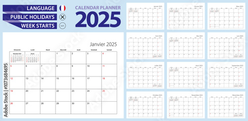 French calendar planner for 2025. French language, week starts from Sunday.