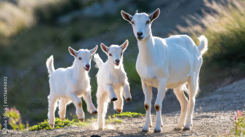 A playful white goat with two energetic kids frolicking in the sunlit meadow, showcasing a joyful and lively atmosphere. A playful white goat with two energetic kids frolicking in the sunlit meadow, showcasing a joyful and lively atmosphere.