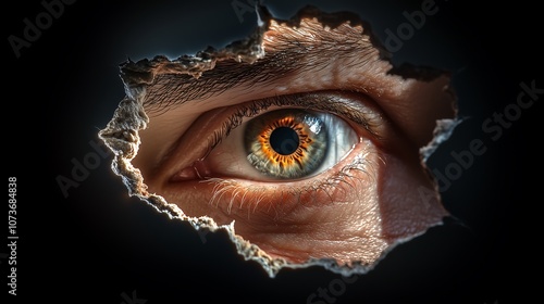 An eye peering through a small hole or crack, subtly observing from the other side, creating an atmosphere of mystery and intrigue, as if someone is secretly watching from behind a barrier. photo