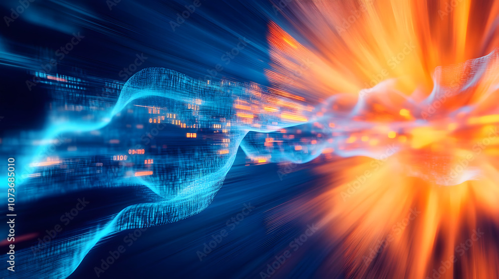 Fototapeta premium Digital Data Flow Abstract: Dynamic blue and orange light streaks represent fast digital data flow and connectivity in a technological abstract concept.