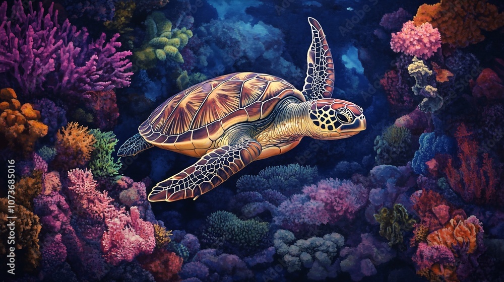 Fototapeta premium A sea turtle swims through a vibrant coral reef, its shell glowing with iridescent colors.