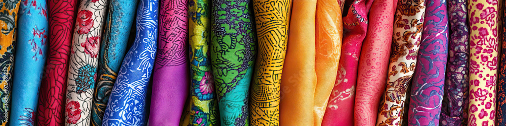 Threads of Identity: A sewing table covered in fabrics in various colors and patterns, representing the richness of cultural heritage. Threads of Identity: A sewing table covered in fabrics in various colors and patterns, representing the richness of cultural heritage.