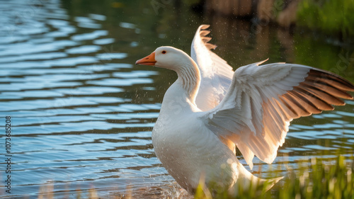 A graceful white goose stretches its wings by the lakeside, water droplets glistening in the sunlight, creating a tranquil and serene atmosphere.