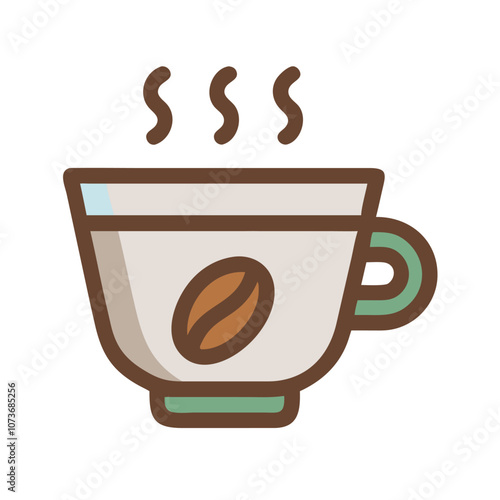 Coffee cup vector illustration with bean icon, Vector illustration of a steaming coffee cup featuring a coffee bean icon, designed with a brown outline for a warm and cozy appearance.
