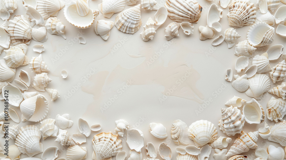 Collection of assorted seashells arranged on a light sandy surface, creating a decorative coastal border in natural light Collection of assorted seashells arranged on a light sandy surface, creating a decorative coastal border in natural light