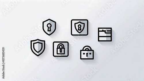 A stylized set of five vector icons on a pure white background, each representing a different aspect of security and privacy photo