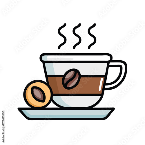 Steaming coffee cup vector illustration with saucer and beans, Vector illustration of a steaming coffee cup with a coffee bean icon, placed on a saucer with an additional coffee bean, in a cartoon sty