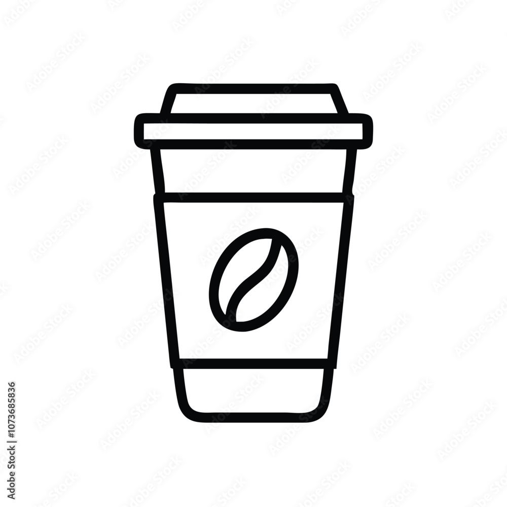 Coffee to-go cup vector illustration in black outline, Minimalistic vector illustration of a coffee to-go cup with a lid and sleeve, depicted in a simple black outline with a coffee bean icon.
Coffee to-go cup vector illustration in black outline, Minimalistic vector illustration of a coffee to-go cup with a lid and sleeve, depicted in a simple black outline with a coffee bean icon.