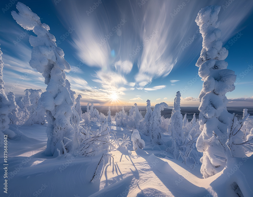 Naklejka premium Zimowy krajobraz przedstawiający śnieżny las o poranku, gdy słońce wschodzi nad horyzontem.