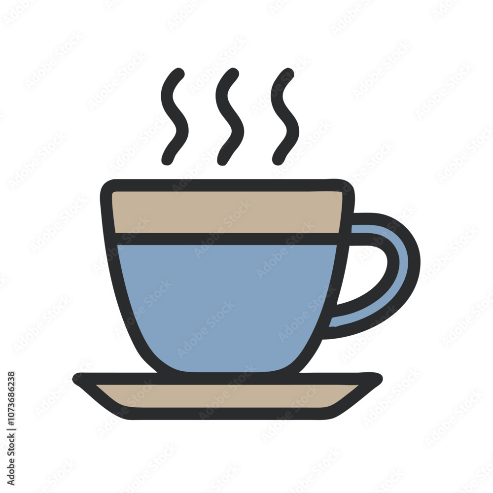 Steaming coffee cup vector illustration, Vector illustration of a steaming coffee cup on a saucer, designed in a simple style with a light blue color and black outline.
Steaming coffee cup vector illustration, Vector illustration of a steaming coffee cup on a saucer, designed in a simple style with a light blue color and black outline.