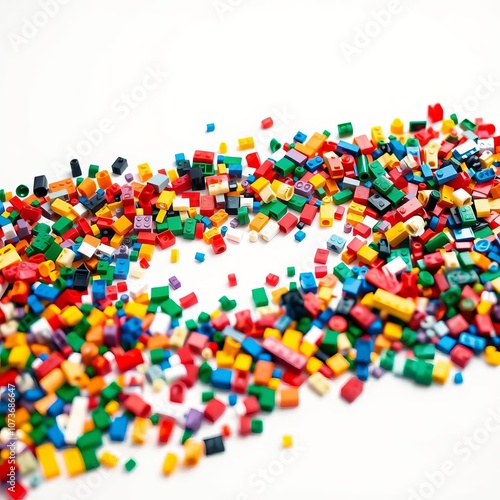 Colorful plastic granules, vibrant polymer pellets, macro photography, scattered beads, multicolored resin particles, industrial raw materials, high contrast, white background, sharp focus, detailed t